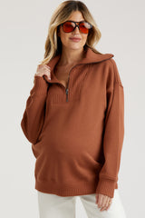 Camel High-Neck Maternity Fleece Pullover