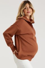 Camel High-Neck Maternity Fleece Pullover