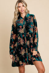 Forest Green Velvet Floral Burnout Button Front Long Sleeve Dress