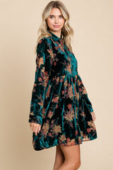 Forest Green Velvet Floral Burnout Button Front Long Sleeve Dress