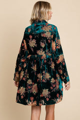 Forest Green Velvet Floral Burnout Button Front Long Sleeve Dress