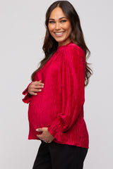 Magenta Textured Mock Neck Maternity Blouse