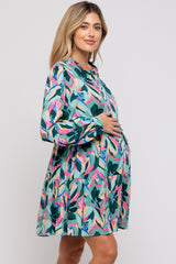 Teal Floral Ruffle Mock Neck Maternity Dress