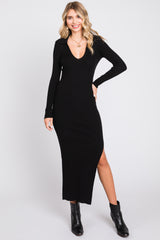 Black Ribbed Collared Fitted Side Slit Maternity Midi Dress