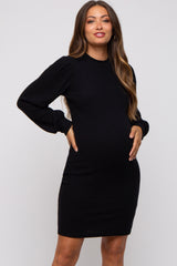 Black Ribbed Long Sleeve Mock Neck Maternity Dress