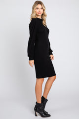 Black Ribbed Long Sleeve Mock Neck Dress