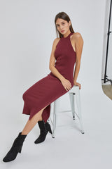 Burgundy Sleeveless Side Slit Midi Dress