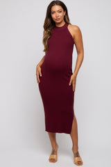 Burgundy Sleeveless Side Slit Maternity Midi Dress