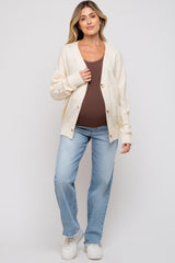 Cream Checkered Knit Button Front Maternity Cardigan