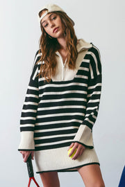 Black Striped Zipper Front Collared Sweater Dress