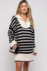 Black Striped Zipper Front Collared Maternity Sweater Dress