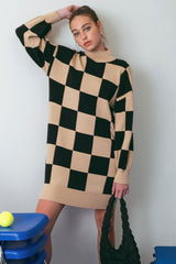 Black Checkered Knit Sweater Dress