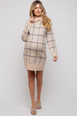 Taupe Windowpane Turtleneck Maternity Sweater Dress