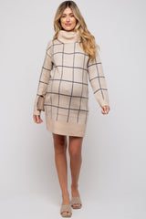 Taupe Windowpane Turtleneck Maternity Sweater Dress