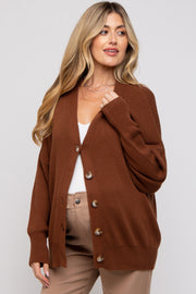 Dark Rust Basic Ribbed Maternity Cardigan Sweater