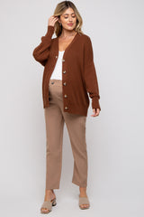 Dark Rust Basic Ribbed Maternity Cardigan Sweater