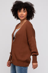 Dark Rust Basic Ribbed Cardigan Sweater