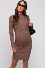 Mocha Cable Knit Mock Neck Long Sleeve Maternity Sweater Dress