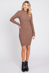 Mocha Cable Knit Mock Neck Long Sleeve Sweater Dress