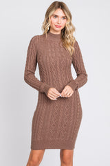 Mocha Cable Knit Mock Neck Long Sleeve Maternity Sweater Dress