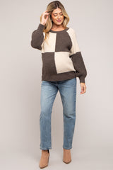 Brown Checkered Long Sleeve Maternity Sweater