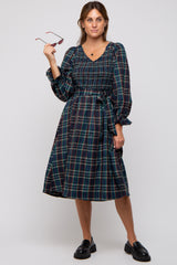 Forest Green Plaid Smocked A-Line Maternity Midi Dress