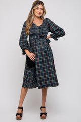 Forest Green Plaid Smocked A-Line Maternity Midi Dress