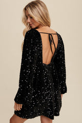 Black Sequin Velour Front Tie Mini Dress