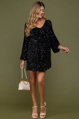 Black Sequin Velour Front Tie Maternity Mini Dress