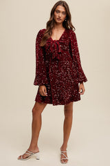 Burgundy Sequin Velour Front Tie Maternity Mini Dress