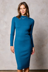 Teal Ribbed Mock Neck Maternity Sweater Dress