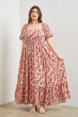 Pink Floral Puff Sleeve Maternity Plus Maxi Dress