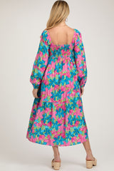 Blue Floral Long Sleeve Maternity Midi Dress