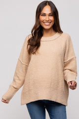 Beige Knit Exposed Seam Maternity Sweater