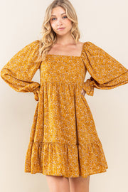 Gold Floral Chiffon Square Neck Ruffle Hem Dress