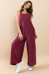 Burgundy Wide Leg Tie Back Overalls