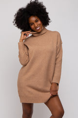 Camel Turtleneck Maternity Sweater Mini Dress