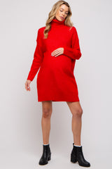 Red Turtleneck Maternity Sweater Mini Dress