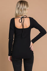 Black Ribbed Sweetheart Neck Long Sleeve Top