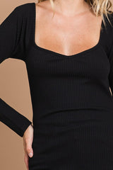 Black Ribbed Sweetheart Neck Long Sleeve Top