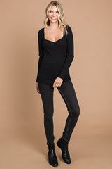 Black Ribbed Sweetheart Neck Long Sleeve Top