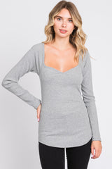 Heather Grey Ribbed Sweetheart Neck Long Sleeve Maternity Top