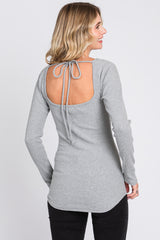 Heather Grey Ribbed Sweetheart Neck Long Sleeve Top