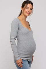 Heather Grey Ribbed Sweetheart Neck Long Sleeve Maternity Top