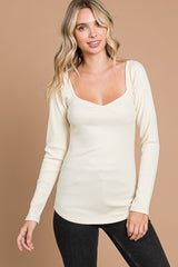 Cream Ribbed Sweetheart Neck Long Sleeve Top