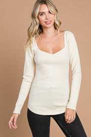 Cream Ribbed Sweetheart Neck Long Sleeve Top