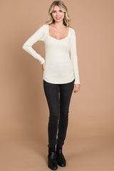 Cream Ribbed Sweetheart Neck Long Sleeve Top