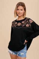 Black Thermal Embroidered Yoke Top