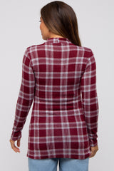 Burgundy Plaid Mock Neck Brushed Long Sleeve Maternity Top