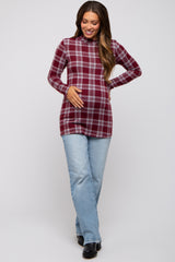 Burgundy Plaid Mock Neck Brushed Long Sleeve Maternity Top